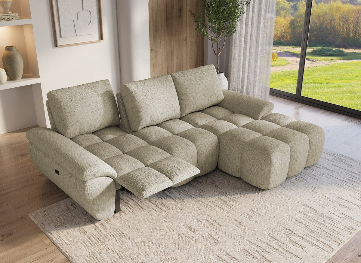 Canapé d’angle relax électrique en velours chiné taupe ALPES - Angle droit - DécoInParis