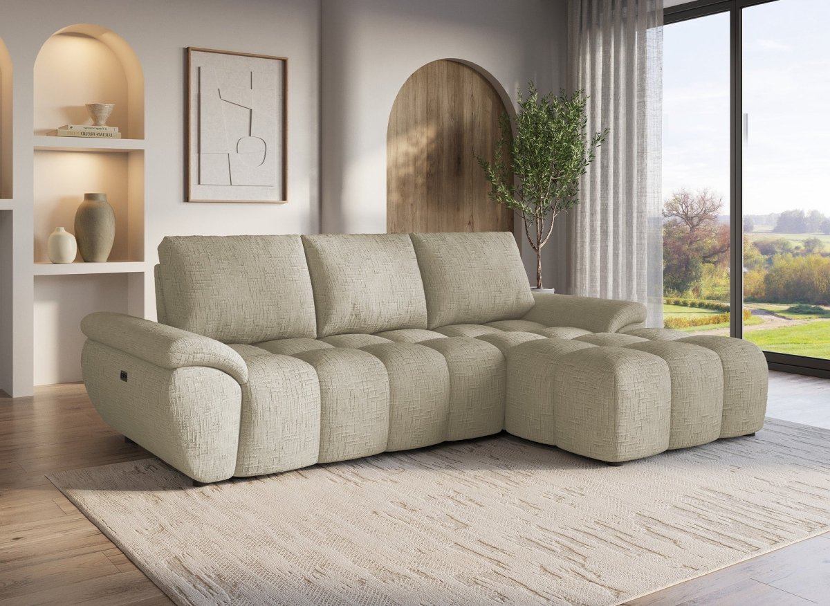 Canapé d’angle relax électrique en velours chiné taupe ALPES - Angle droit - DécoInParis