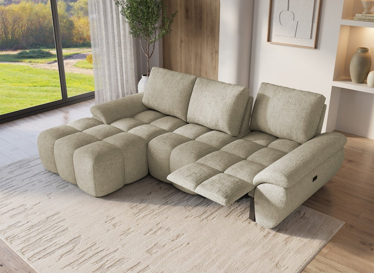 Canapé d’angle relax électrique en velours chiné taupe ALPES - Angle gauche - DécoInParis