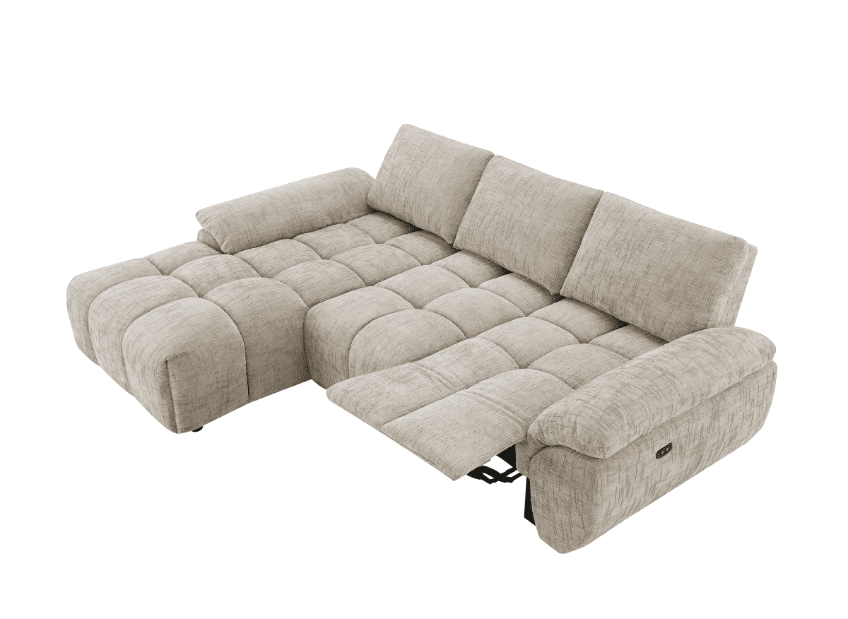 Canapé d’angle relax électrique en velours chiné taupe ALPES - Angle gauche - DécoInParis