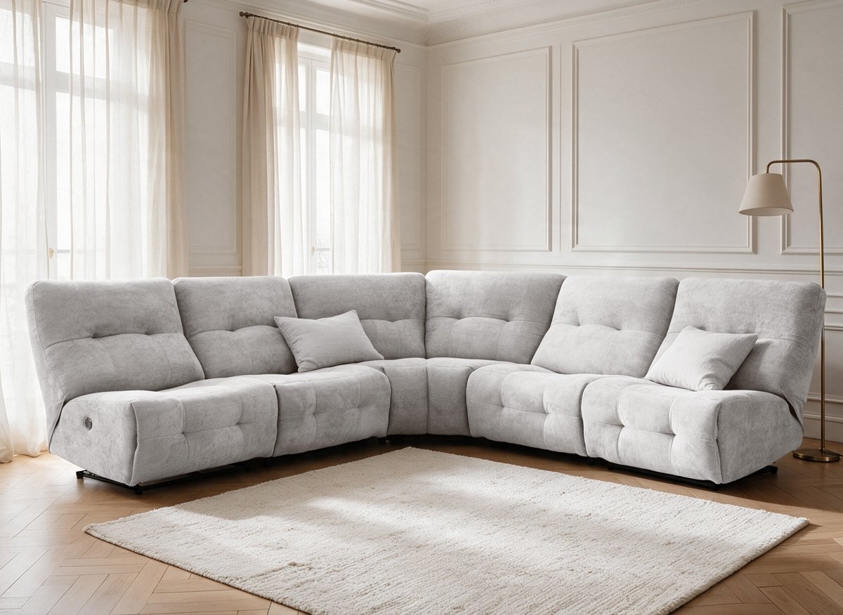 Canapé d'angle relax électrique en velours chiné taupe PALMIRE - DécoInParis