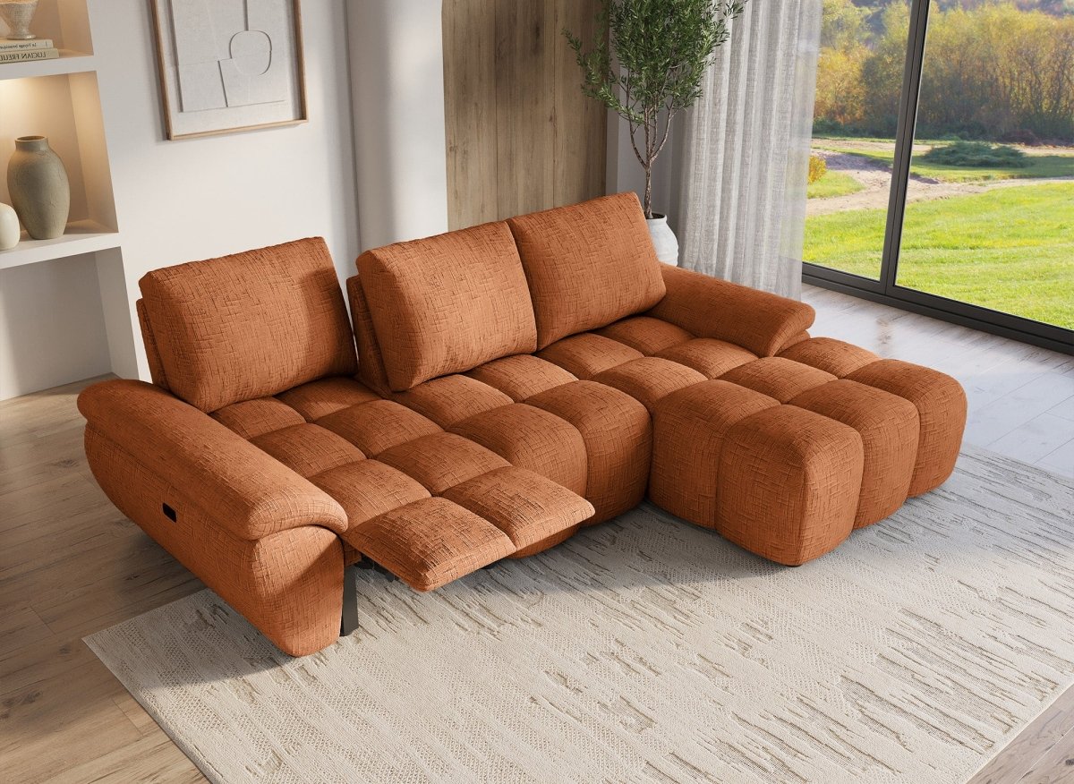 Canapé d’angle relax électrique en velours chiné terracotta ALPES - Angle droit - DécoInParis