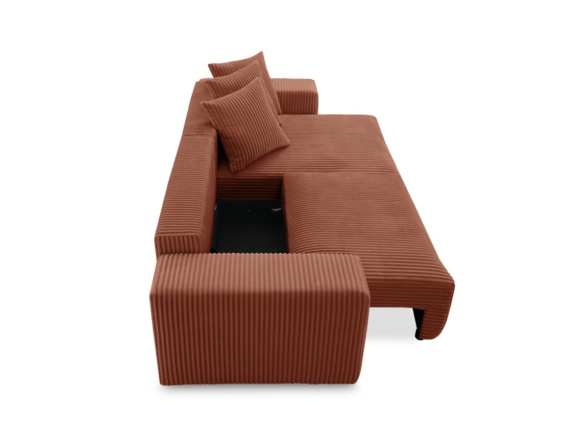 Canapé d'angle réversible convertible avec coffre en velours côtelé épais terracotta NOELIA - DécoInParis