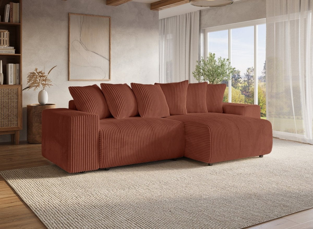 Canapé d'angle réversible convertible avec coffre en velours côtelé épais terracotta NOELIA - DécoInParis