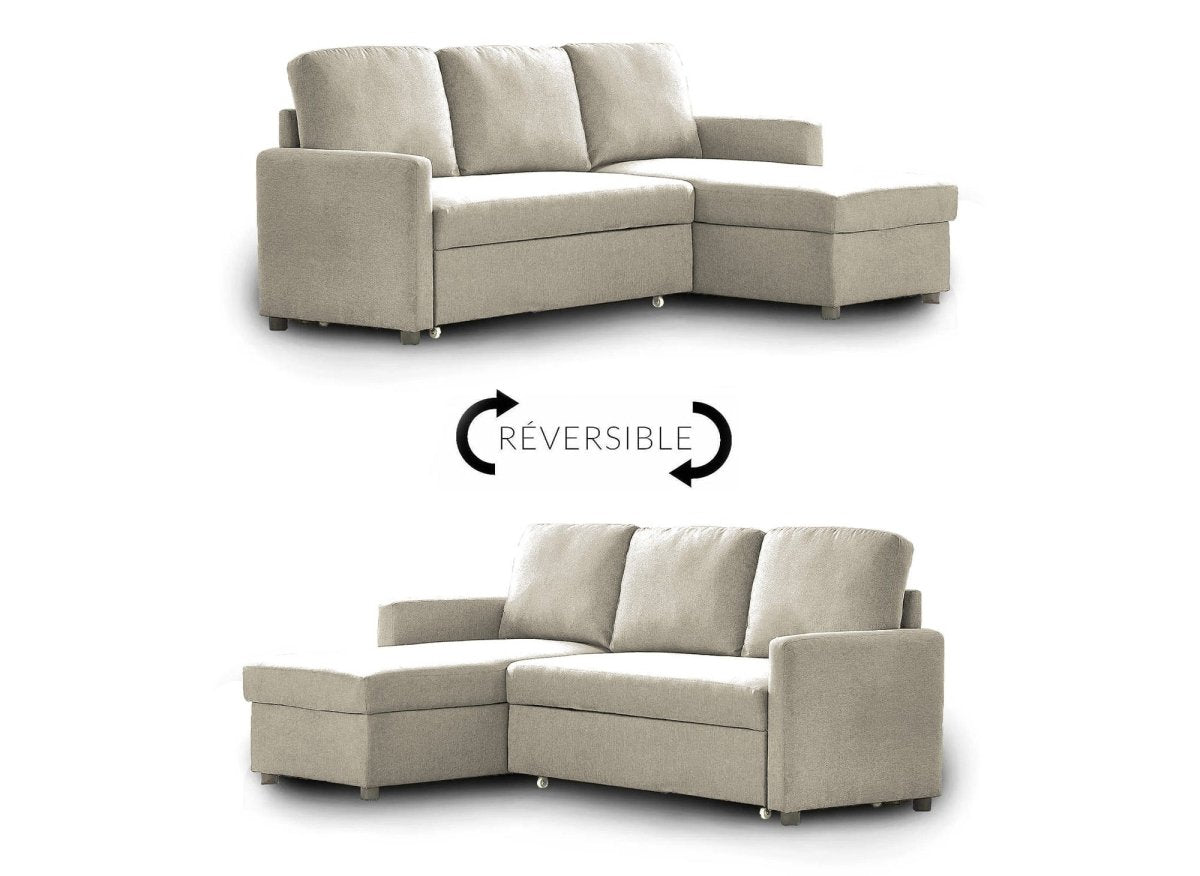 Canapé d'angle réversible convertible coffre de rangement en tissu beige ADAM - DécoInParis