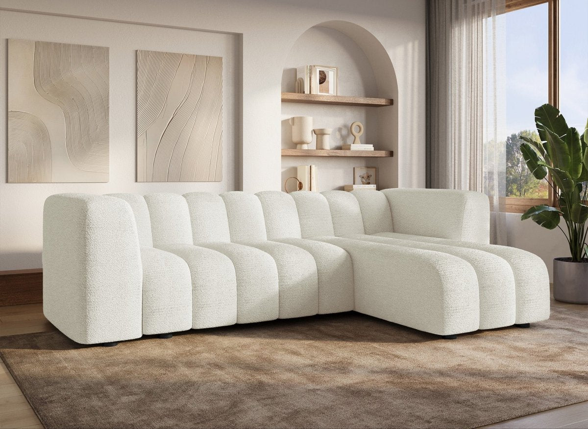 Canapé d'angle réversible en tissu bouclette écru AELIS - DécoInParis