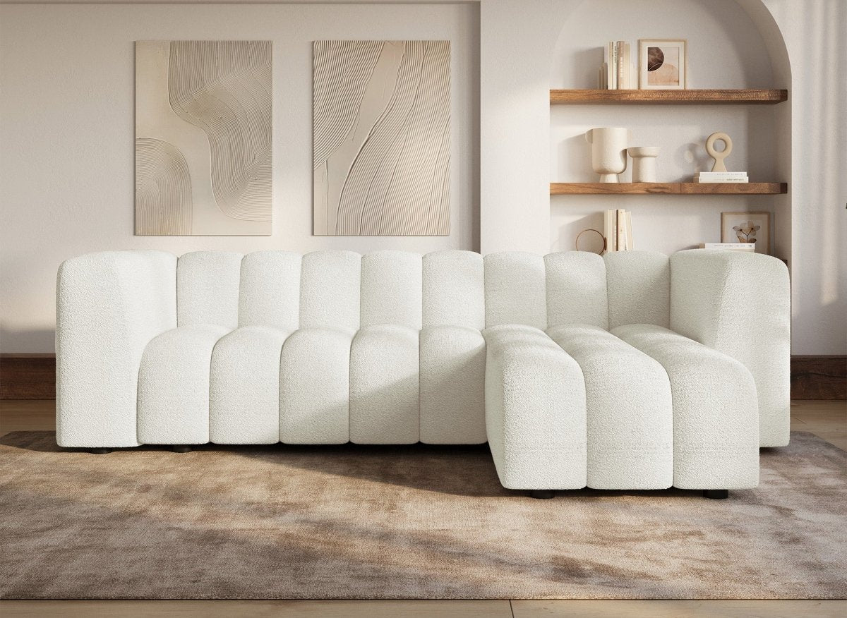 Canapé d'angle réversible en tissu bouclette écru AELIS - DécoInParis