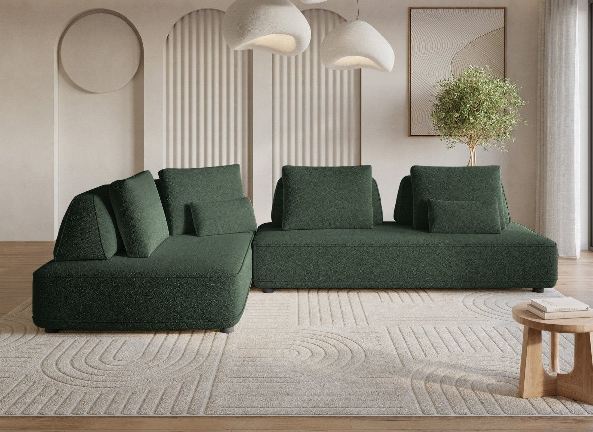 Canapé d'angle réversible en tissu bouclette vert kaki ISAORA - DécoInParis