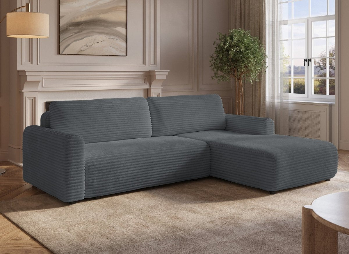 Canapé d'angle réversible et convertible avec coffre en velours côtelé épais gris foncé KATIA - DécoInParis