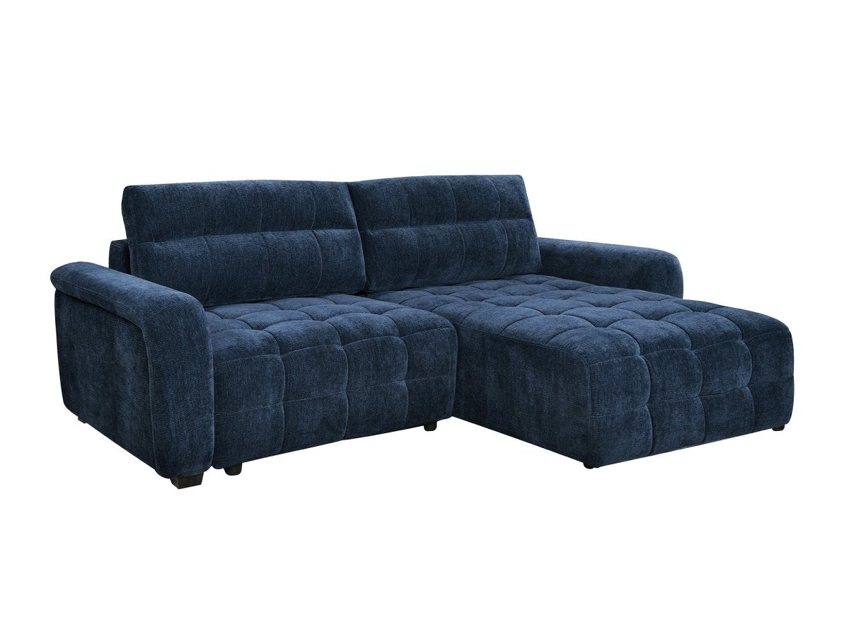 Canapé d'angle réversible et convertible avec coffres en velours tissé bleu LAUREANE - DécoInParis