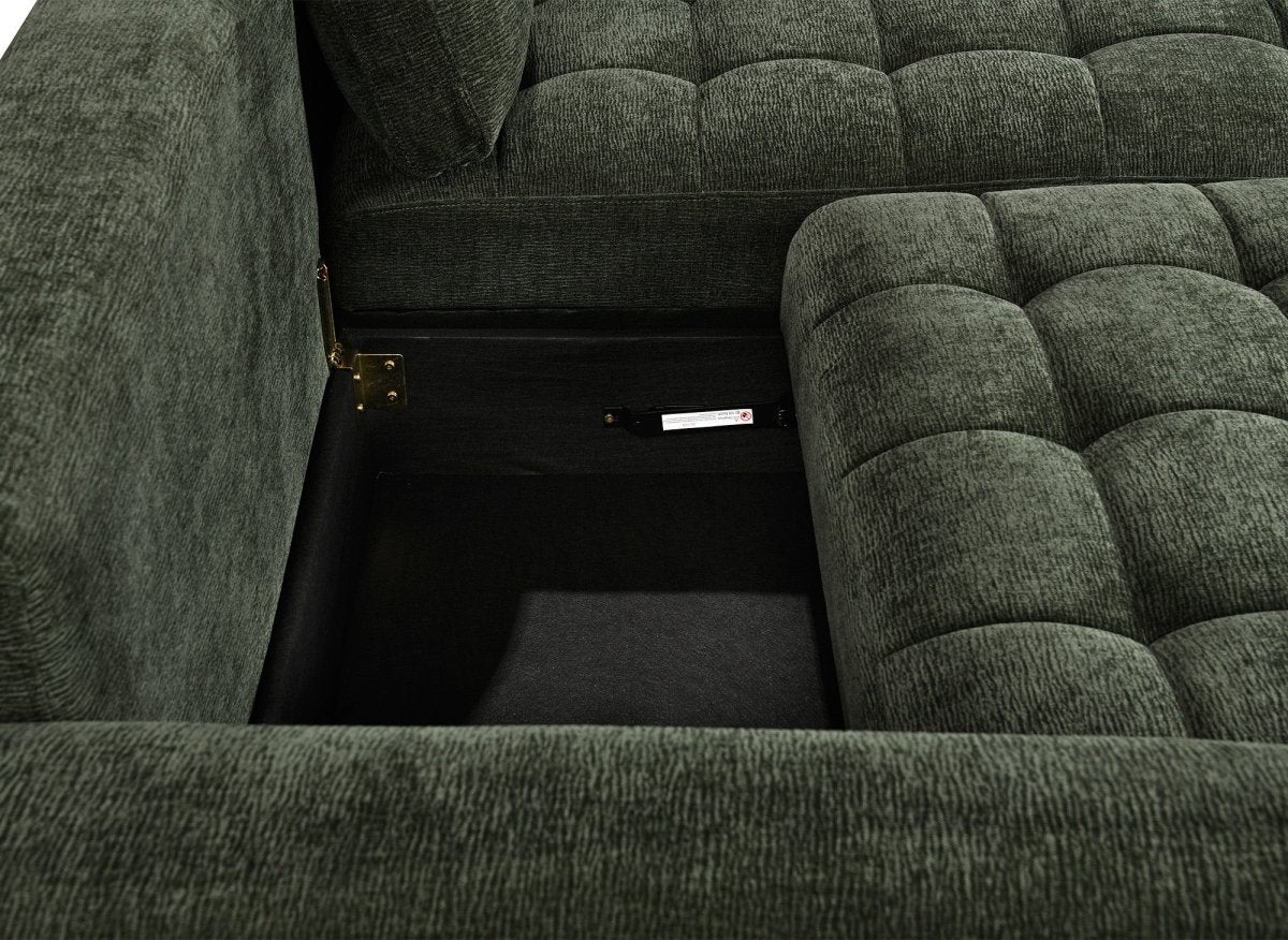 Canapé d'angle réversible et convertible avec coffres en velours tissé vert olive LAUREANE - DécoInParis