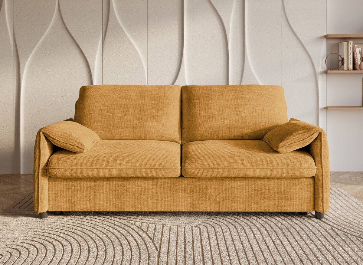 Canapé droit convertible 3 places en velours chiné jaune LAMAR - DécoInParis