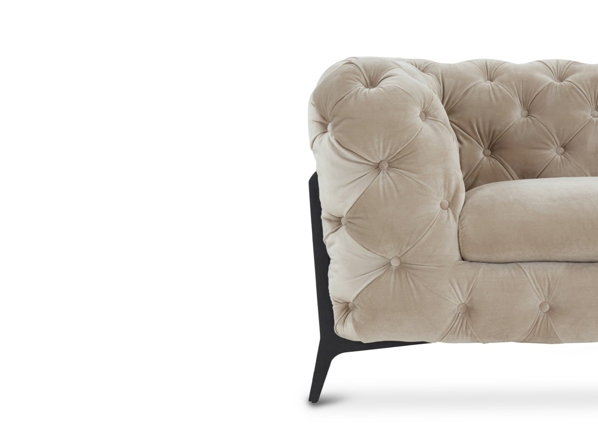 Canapé fixe 3 places capitonné chesterfield velours beige CARMEN - DécoInParis