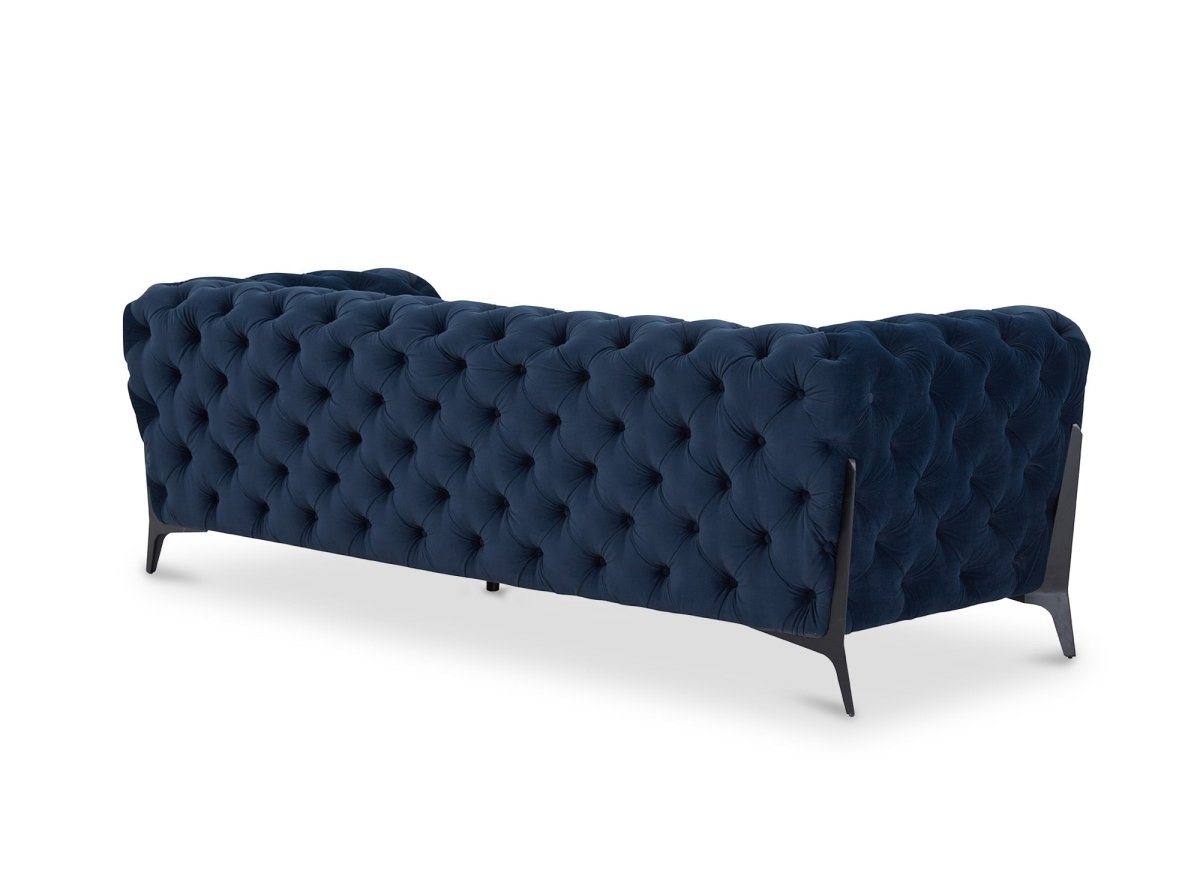 Canapé fixe 3 places capitonné chesterfield velours bleu CARMEN - DécoInParis