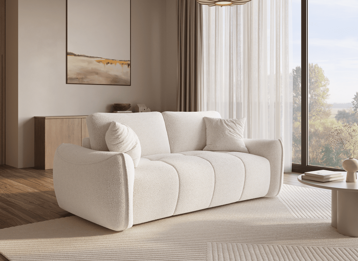 Canapé fixe 3 places en tissu bouclette beige EZRA - DécoInParis