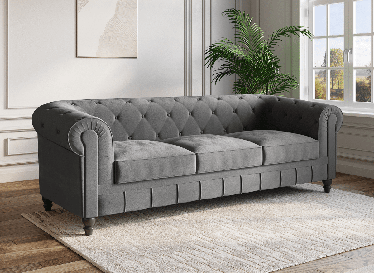 Canapé fixe 3 places velours Gris CHESTERFIELD - DécoInParis
