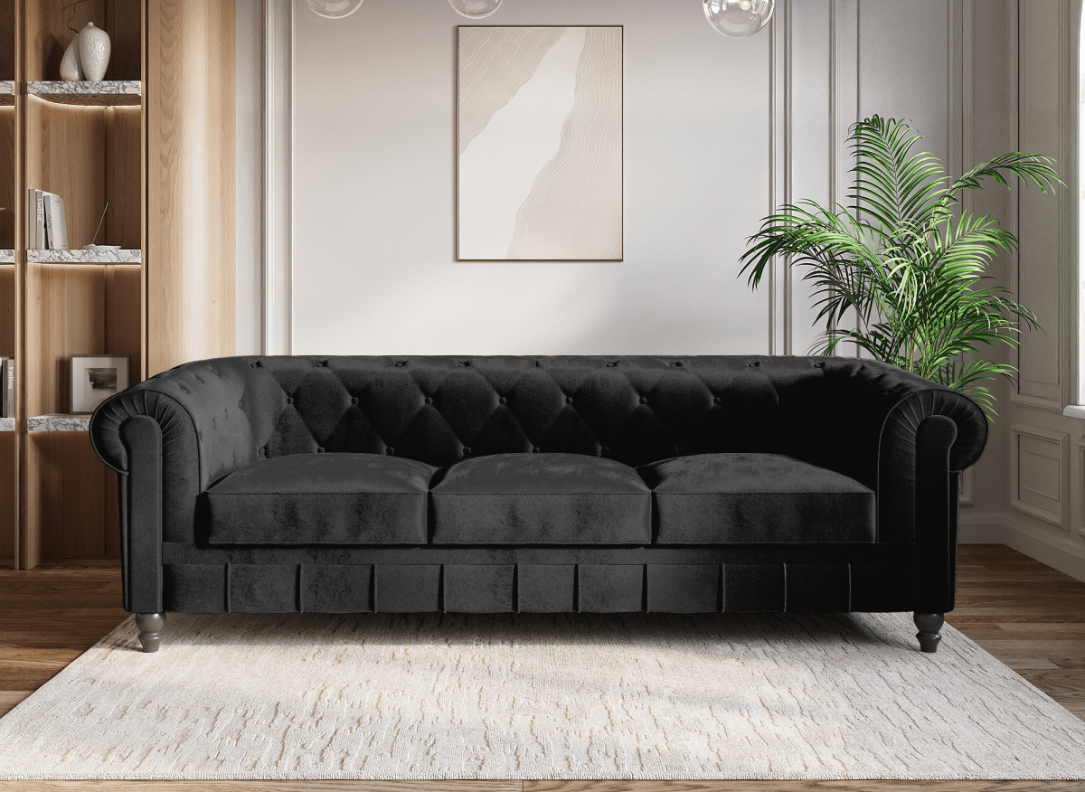 Canapé fixe 3 places velours noir CHESTERFIELD - DécoInParis