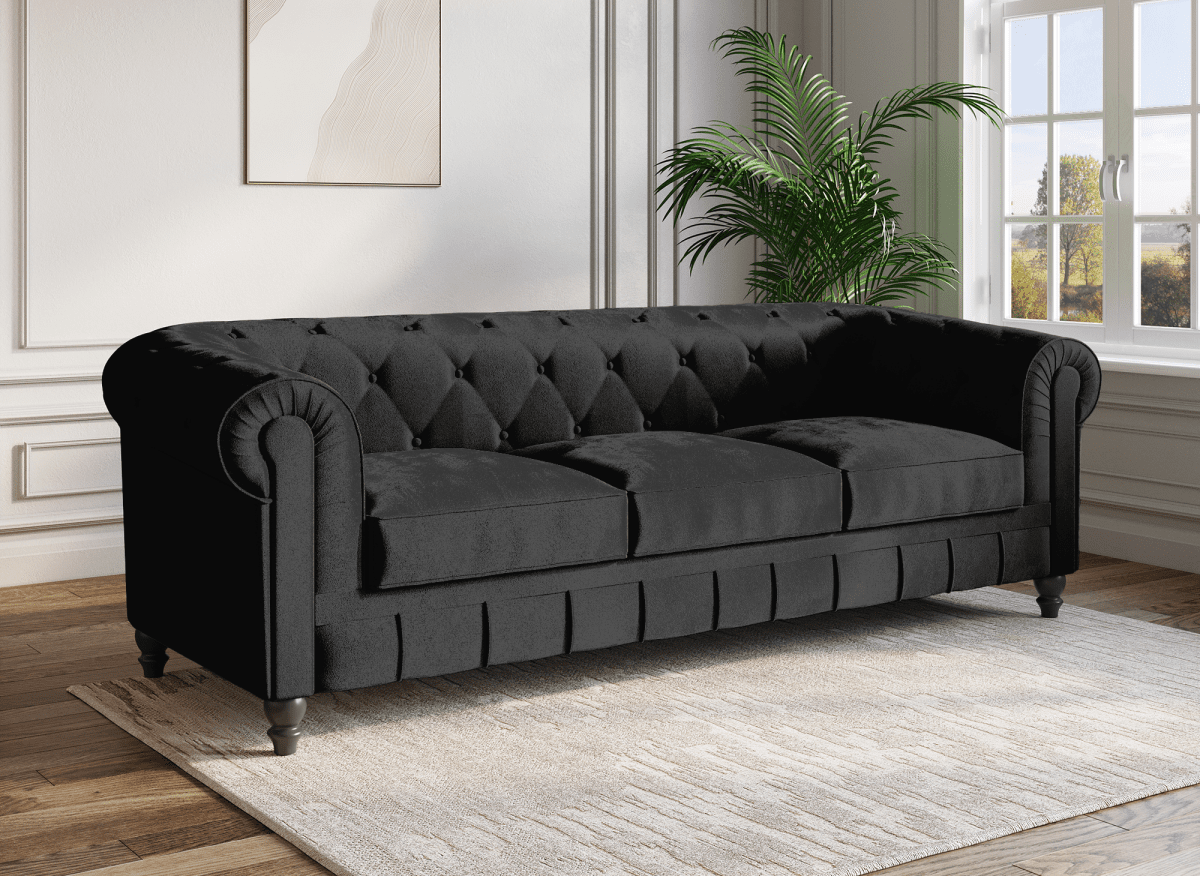 Canapé fixe 3 places velours noir CHESTERFIELD - DécoInParis