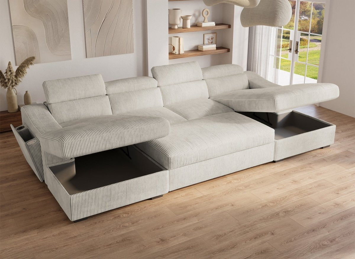 Canapé panoramique convertible avec 2 coffres en velours côtelé épais beige VELORA - DécoInParis