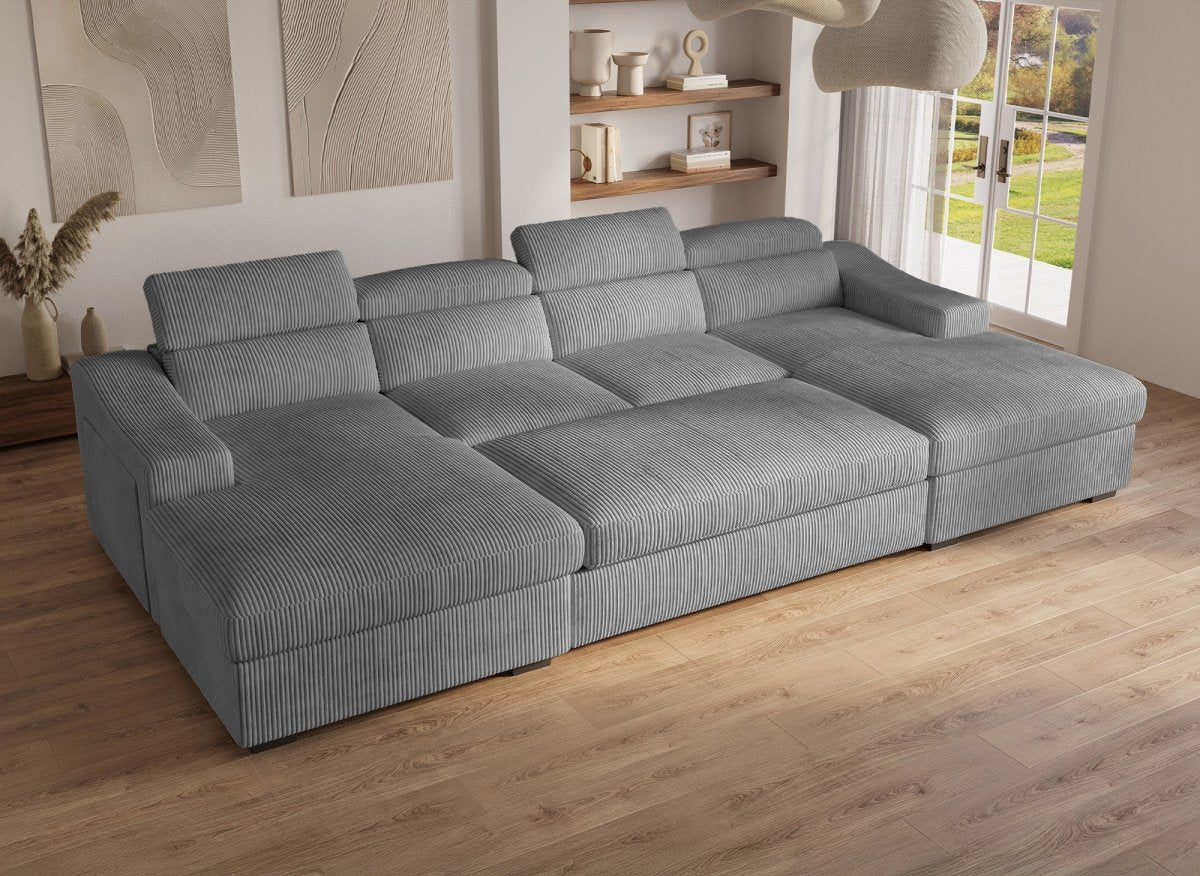 Canapé panoramique convertible avec 2 coffres en velours côtelé épais gris VELORA - DécoInParis