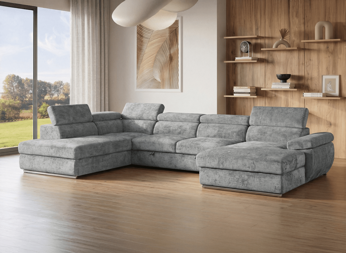 Canapé panoramique convertible avec coffre en velours chiné gris MARIANO - Angle droit - DécoInParis