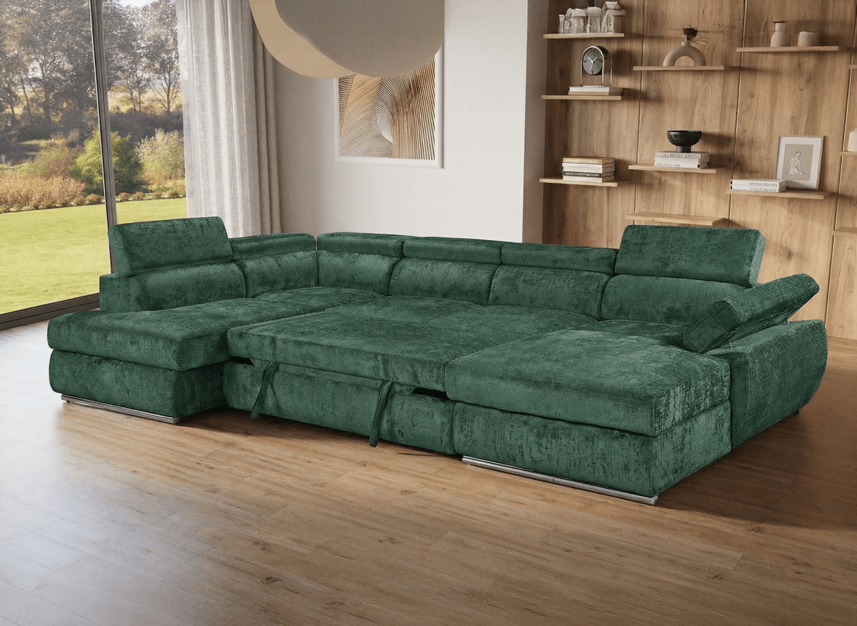 Canapé panoramique convertible avec coffre en velours chiné vert olive MARIANO - Angle droit - DécoInParis