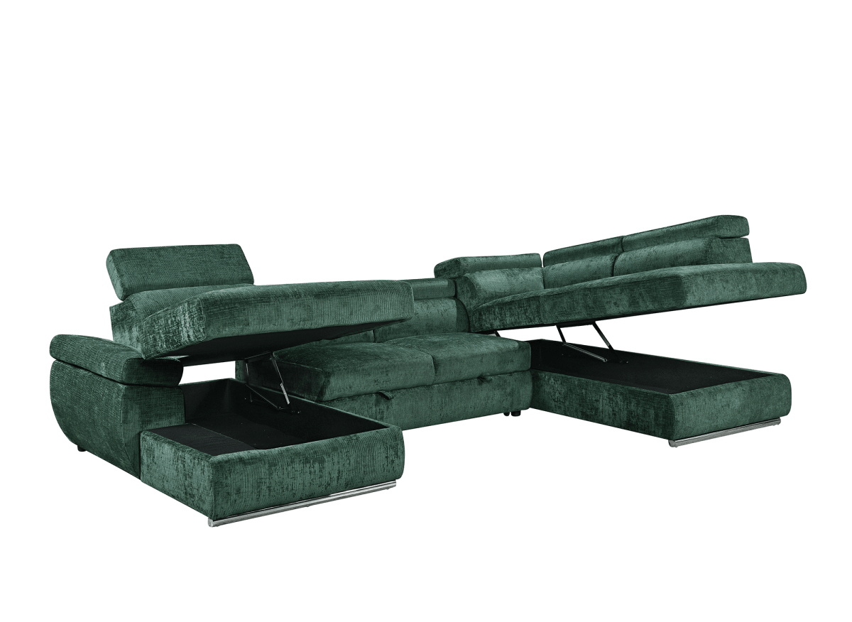Canapé panoramique convertible avec coffre en velours chiné vert olive MARIANO - Angle gauche - DécoInParis
