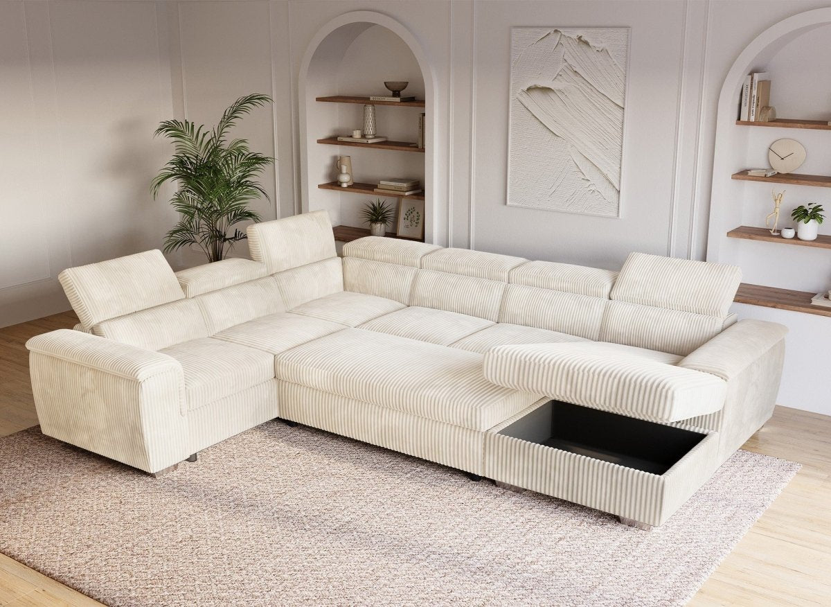 Canapé panoramique convertible avec coffre en velours côtelé épais beige GAELLE - Angle Droit - DécoInParis