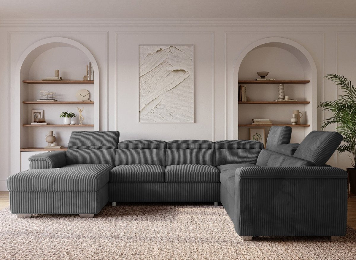 Canapé panoramique convertible avec coffre en velours côtelé épais gris GAELLE - Angle Gauche - DécoInParis