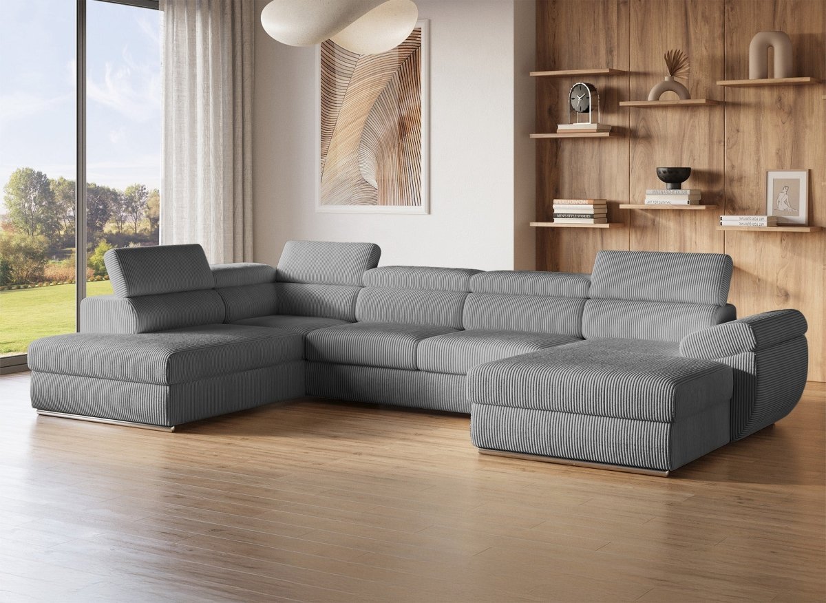 Canapé panoramique convertible avec coffre en velours côtelé épais gris MARIANO - Angle droit - DécoInParis