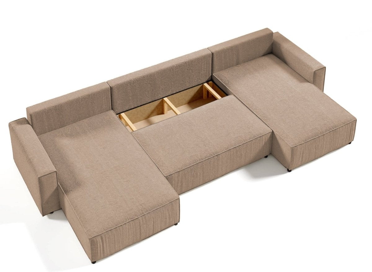 Canapé panoramique convertible avec coffre en velours cotelé moka - JADE - DécoInParis