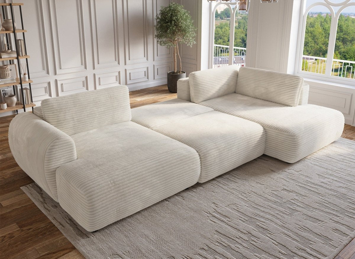 Canapé panoramique convertible avec coffre en velours gros côtelé beige TILDA - Angle droit - DécoInParis