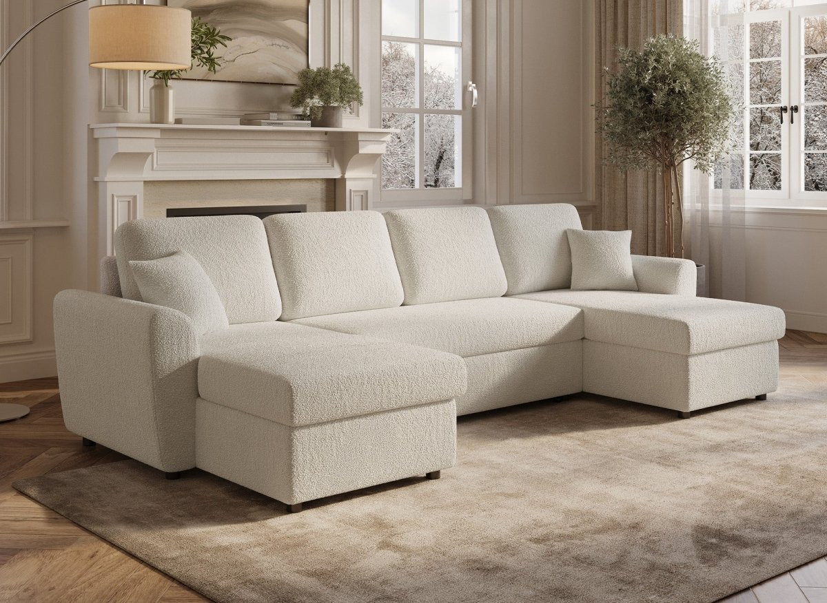 Canapé panoramique convertible avec coffres en tissu bouclette beige ADRYEN - DécoInParis