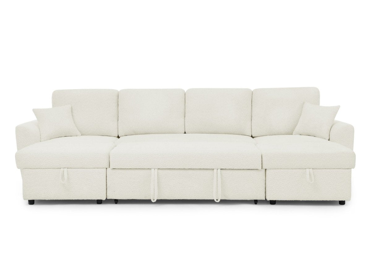 Canapé panoramique convertible avec coffres en tissu bouclette beige ADRYEN - DécoInParis