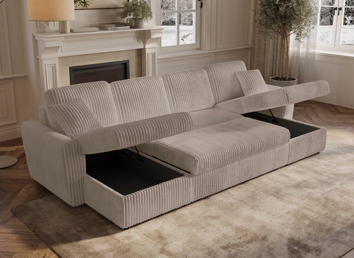 Canapé panoramique convertible avec coffres en velours côtelé épais taupe ADRYEN - DécoInParis