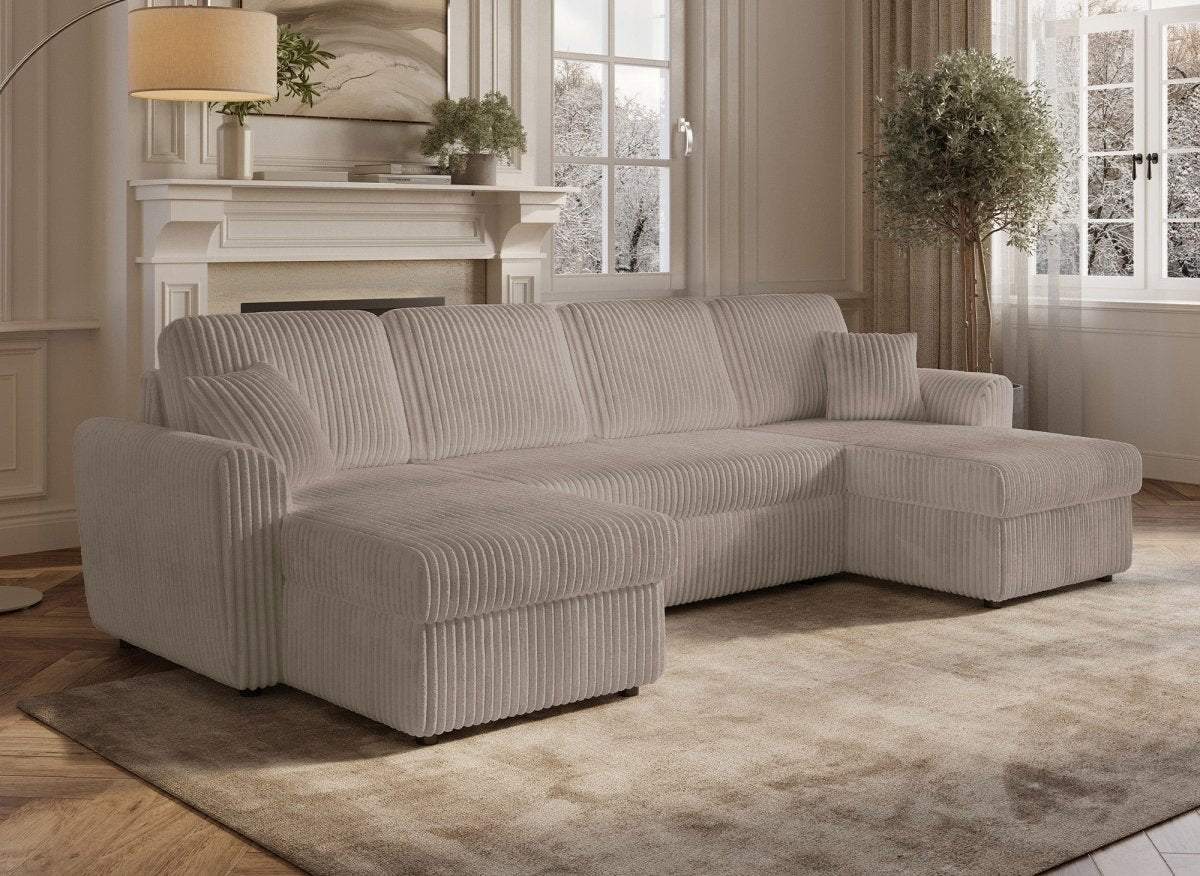 Canapé panoramique convertible avec coffres en velours côtelé épais taupe ADRYEN - DécoInParis