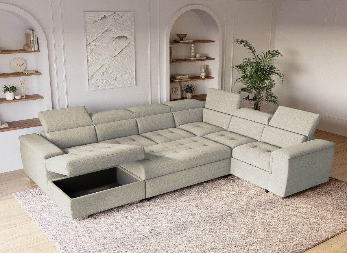 Canapé panoramique convertible coffre de rangement en tissu beige GAELLE - Angle Gauche - DécoInParis