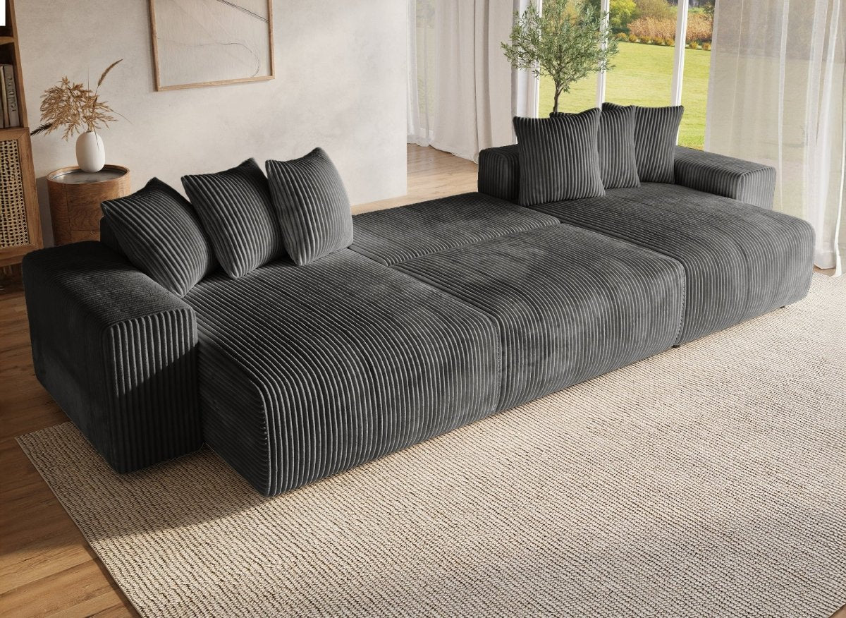 Canapé panoramique réversible convertible avec coffre en velours côtelé épais gris NOELIA - DécoInParis