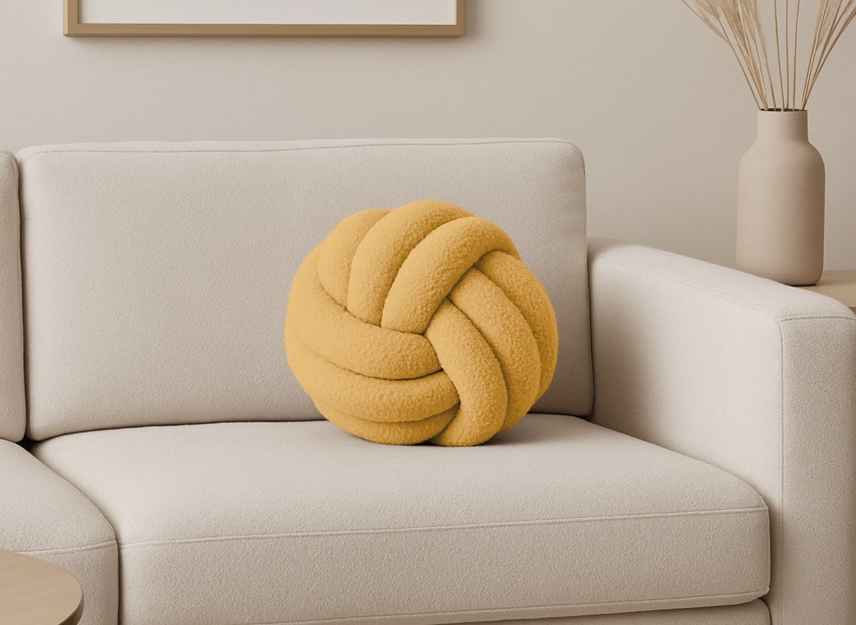 Coussin rond décoratif boule de nœud en effet peau de mouton jaune moutarde NODUS - DécoInParis