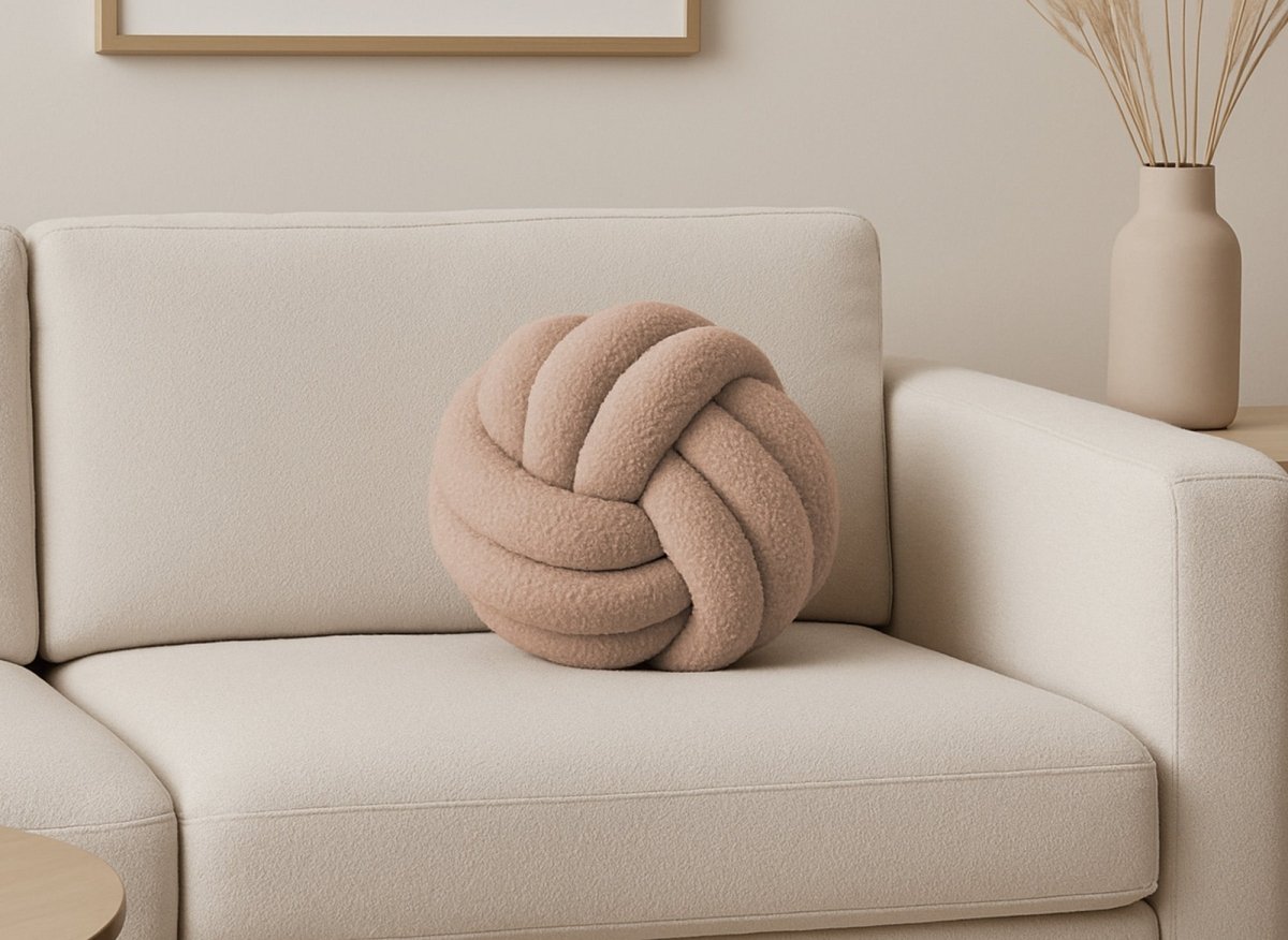 Coussin rond décoratif boule de nœud en effet peau de mouton taupe NODUS - DécoInParis