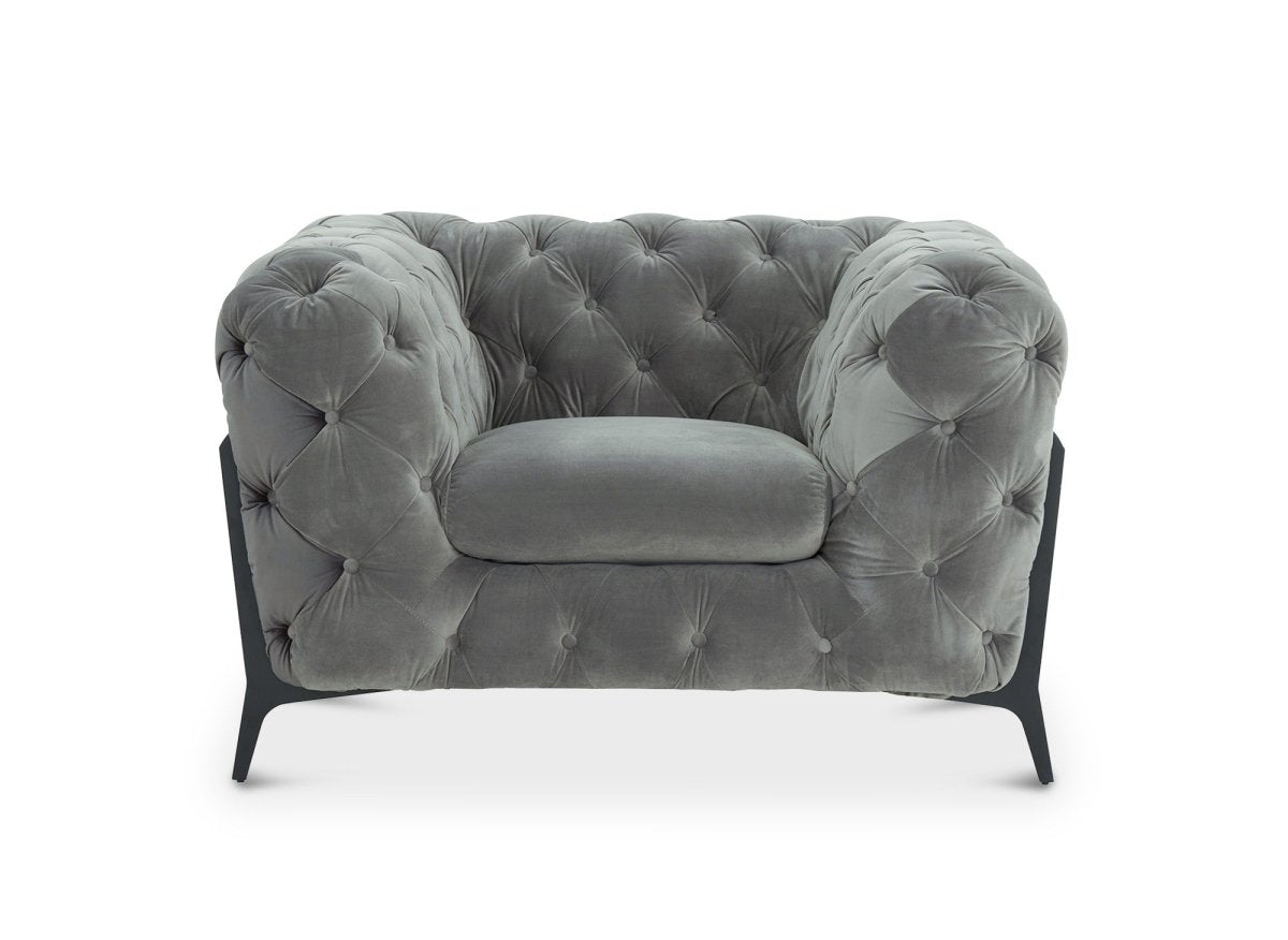 Fauteuil capitonné chesterfield velours gris CARMEN - DécoInParis