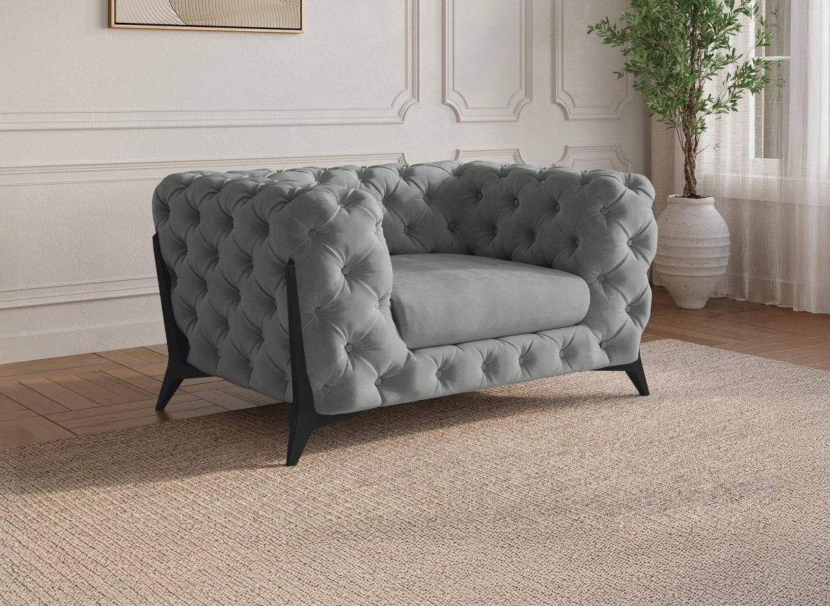 Fauteuil capitonné chesterfield velours gris CARMEN - DécoInParis