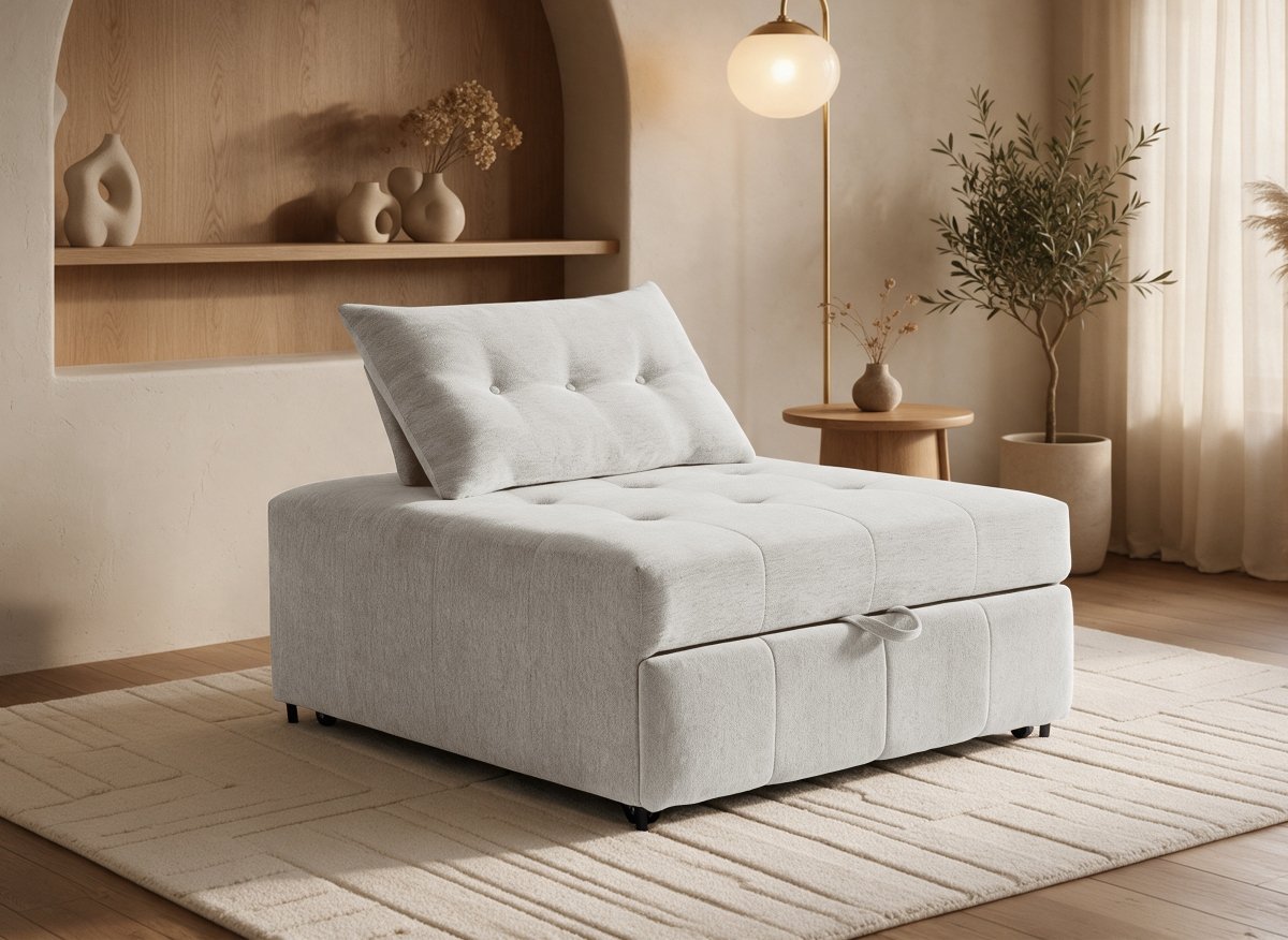 Fauteuil convertible en tissu texturé doux beige NATHEO - DécoInParis