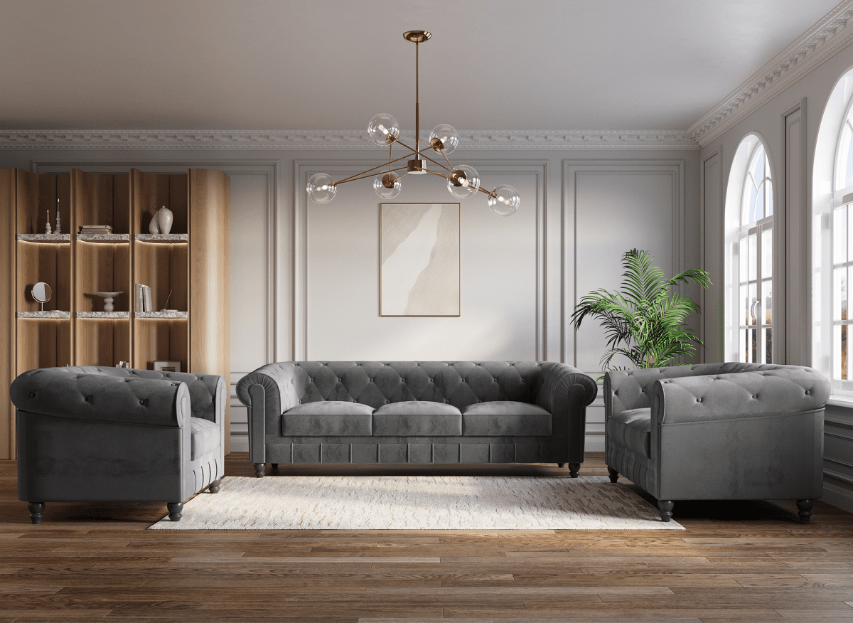 Fauteuil velours Gris CHESTERFIELD - DécoInParis