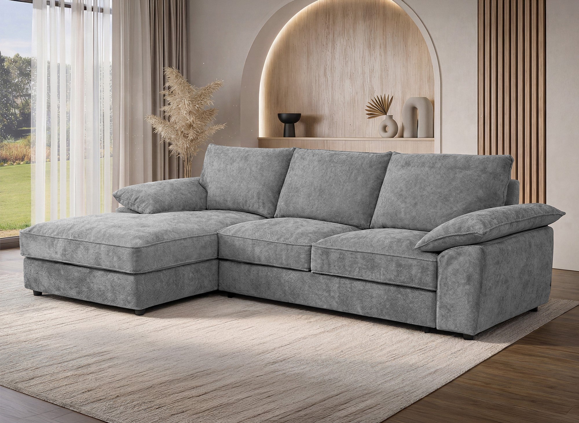 Divano angolare trasformabile con box contenitore in velluto grigio screziato GABIN - Angolo sinistro