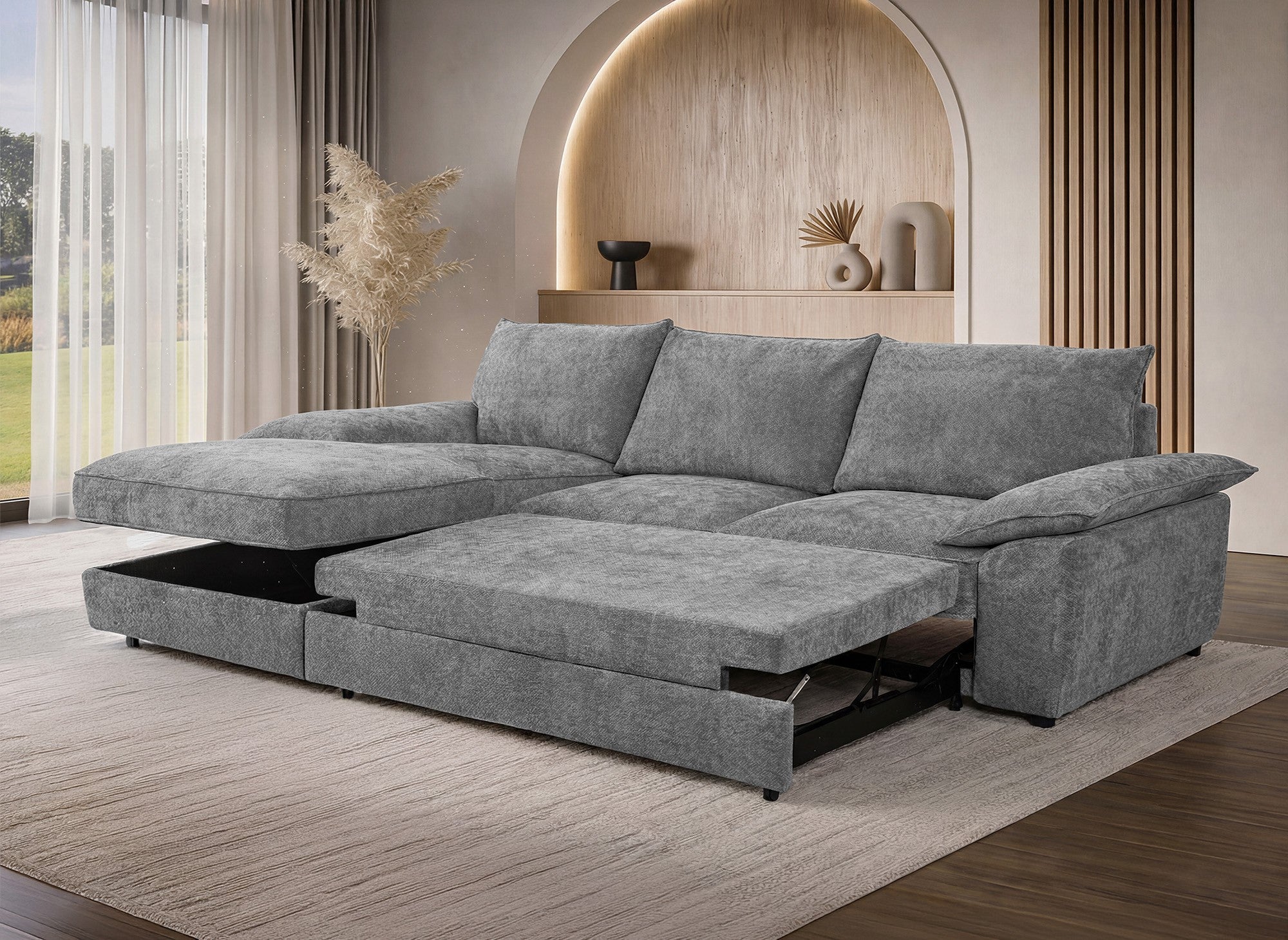 Divano angolare trasformabile con box contenitore in velluto grigio screziato GABIN - Angolo sinistro