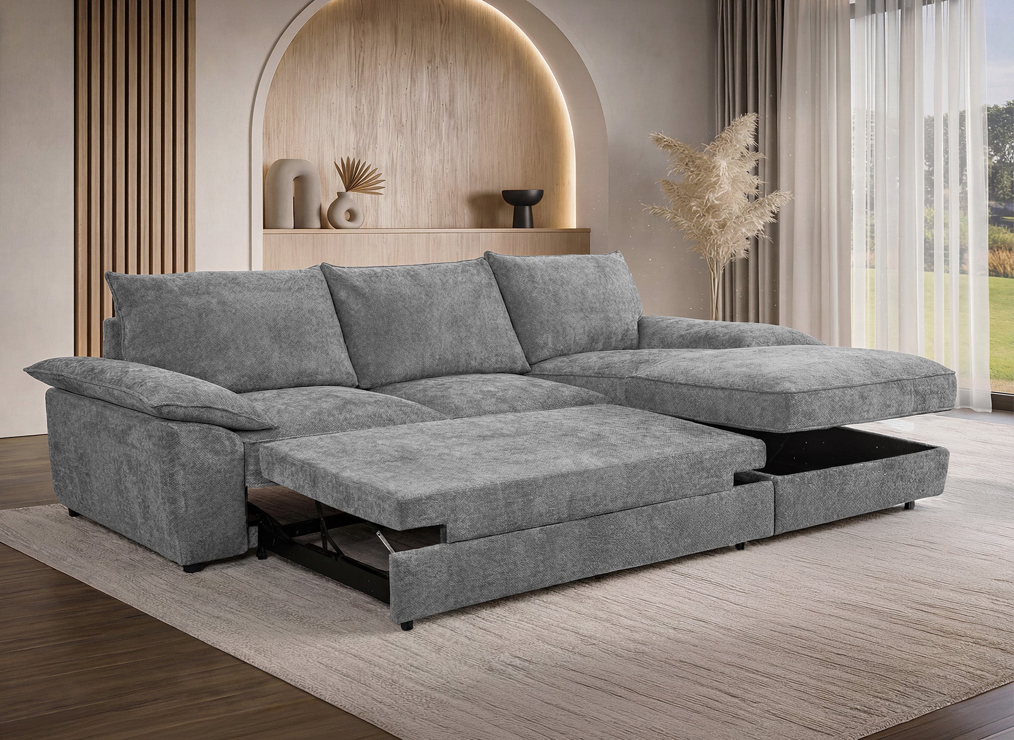 Divano angolare trasformabile con box contenitore in velluto grigio screziato GABIN - Angolo retto