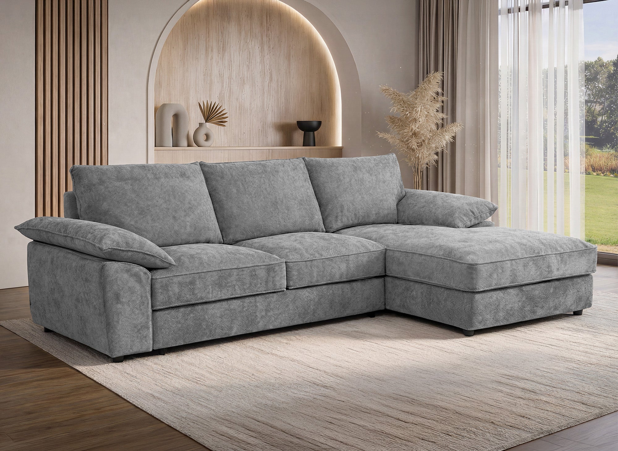 Divano angolare trasformabile con box contenitore in velluto grigio screziato GABIN - Angolo retto