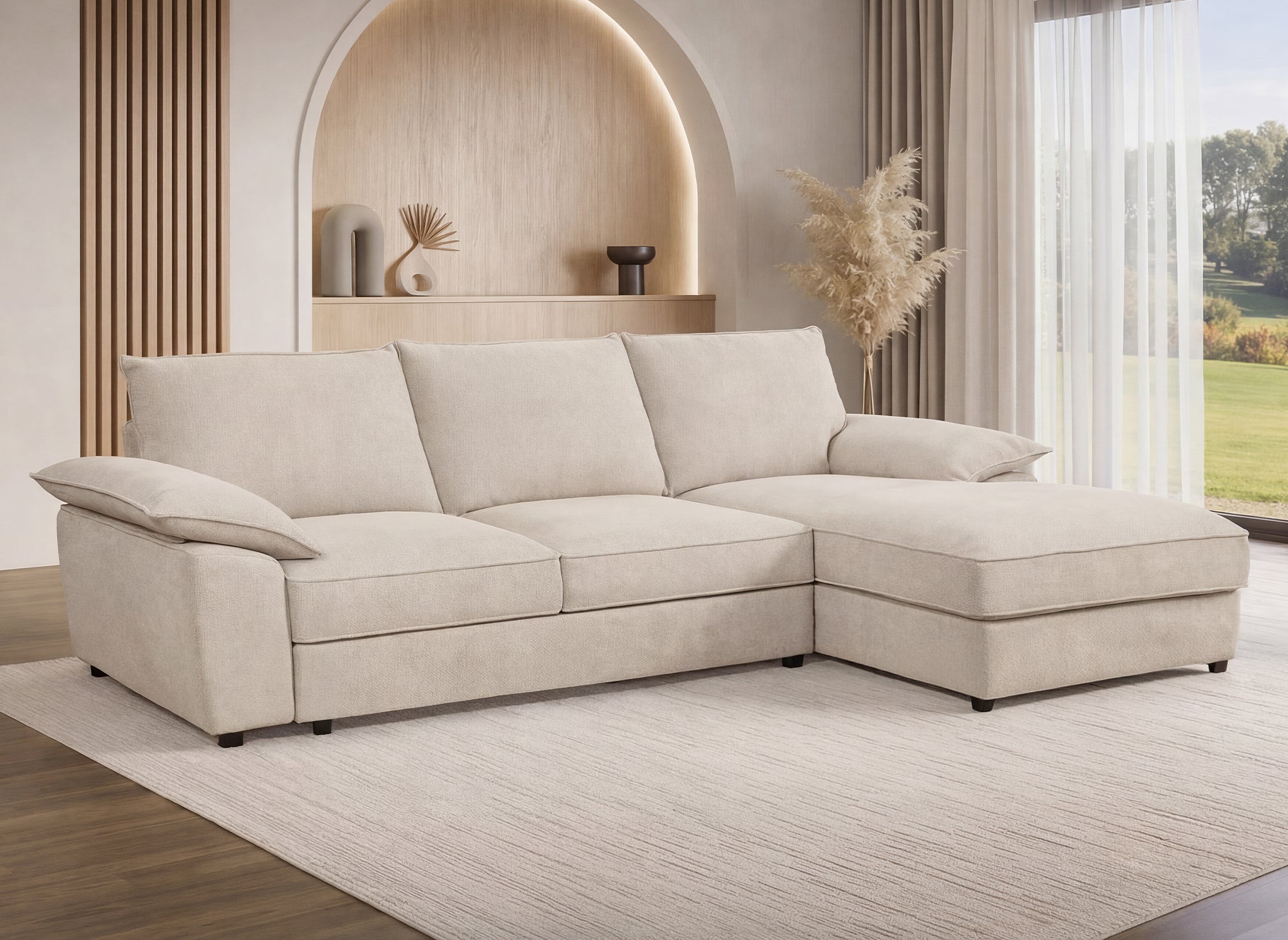 Divano angolare trasformabile con box contenitore in velluto screziato beige GABIN - Angolo retto