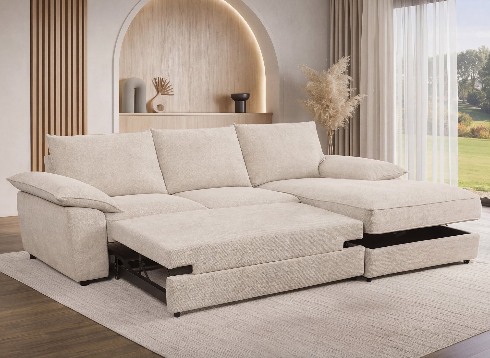 Divano angolare trasformabile con box contenitore in velluto screziato beige GABIN - Angolo retto